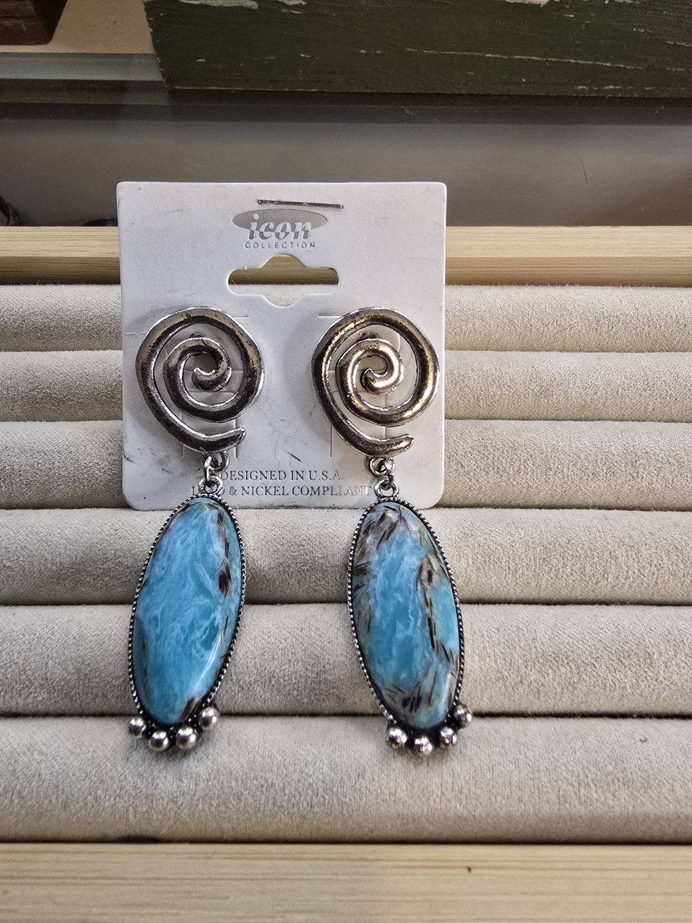 IC COLLECTION Faux Silver Swirl Blue Stone Drop Earrings